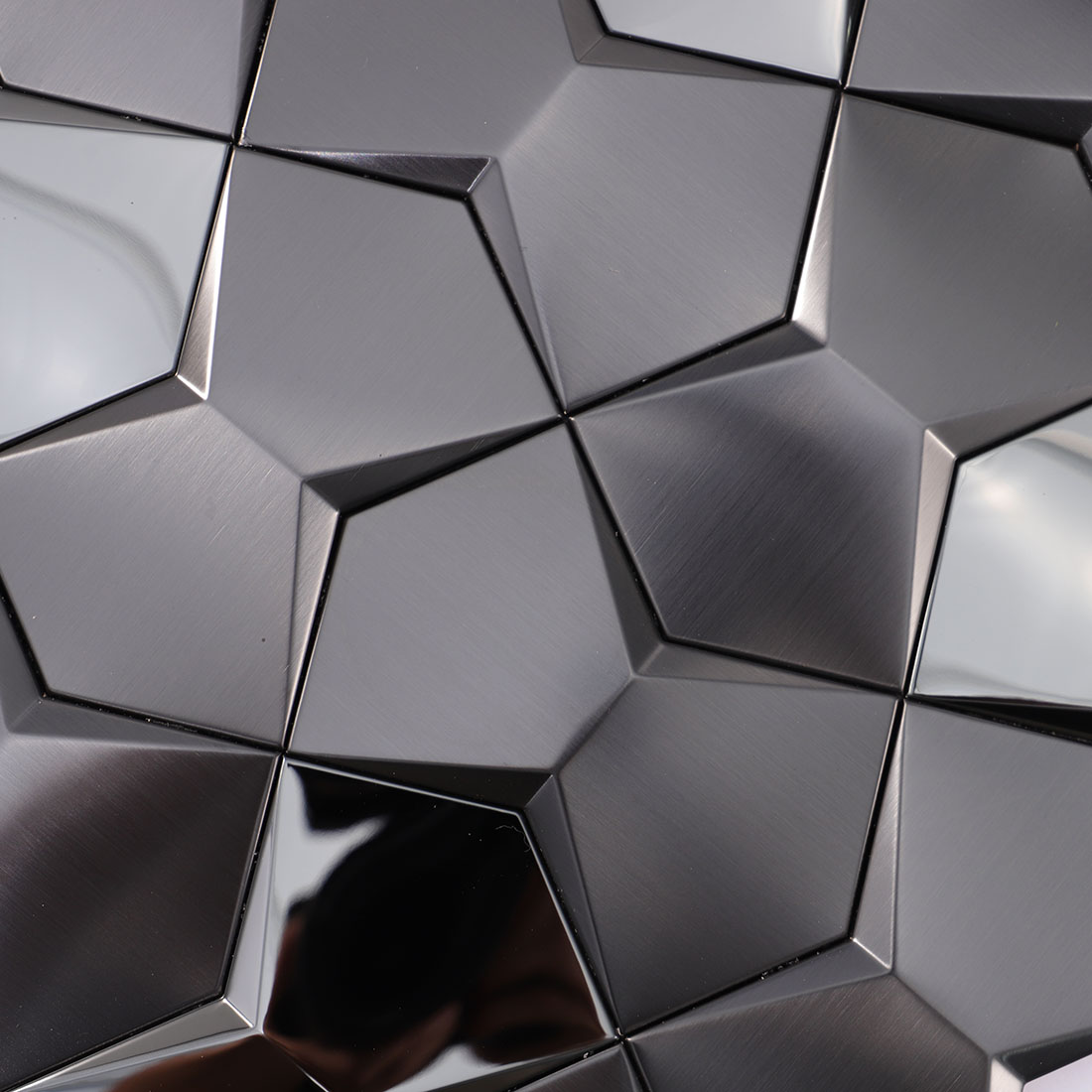 Brushed and glossy surface of 3D black faceted metallic mosaic tile