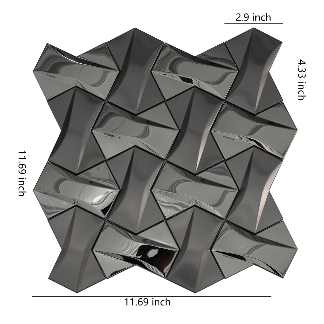 3D black geometric metal mosaic tile sheet dimensions 11.69x11.69 inches