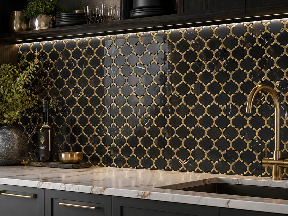 {"default":"Black and gold lantern tile backsplash in a luxury kitchen with marble countertop"}
