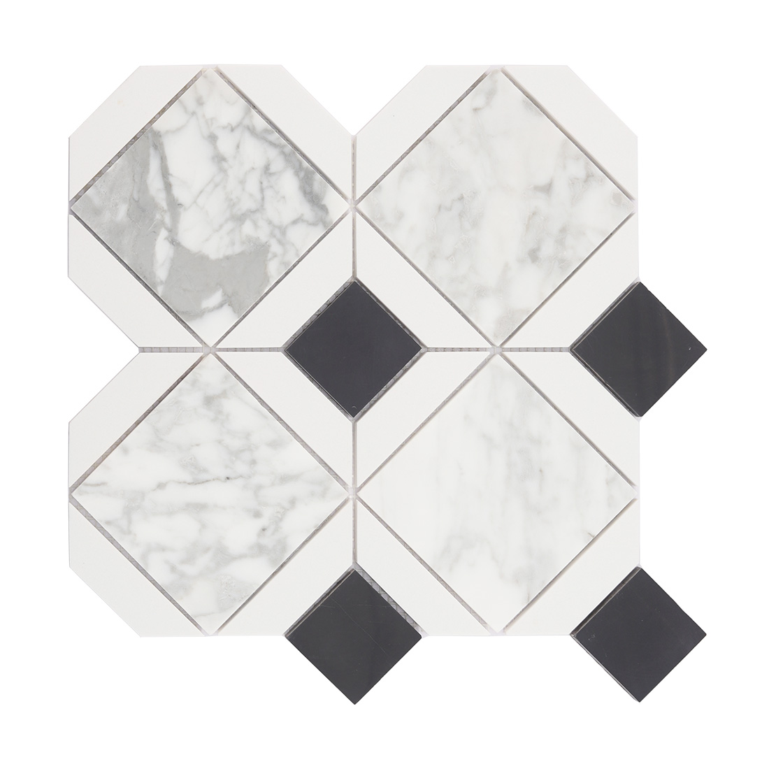 Front view of black and white diamond marble mosaic tile with gray veining