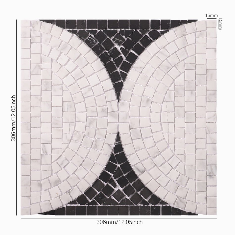 Black and white marble mosaic tile with size dimensions 306mm by 306mm.