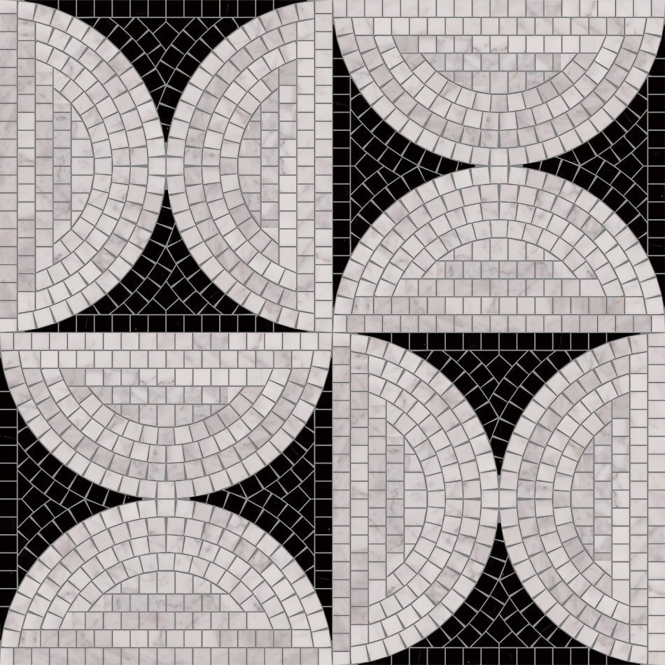 Full pattern of black and white marble mosaic tiles with geometric half-circle design.