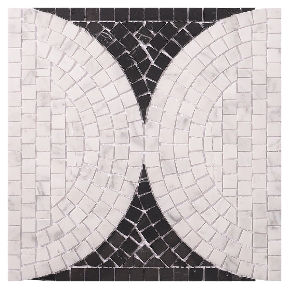 Black and white marble mosaic tile with geometric circular pattern.