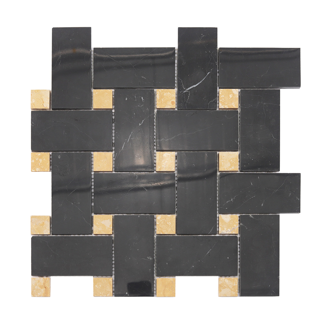 Black and yellow marble mosaic tile with interlocking basketweave pattern