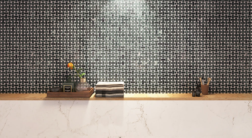 {"default":"Black basketweave mosaic tile backsplash above a white bathroom vanity"}
