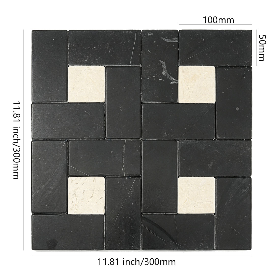 Black and beige pinwheel marble mosaic tile sheet dimensions 300x300mm