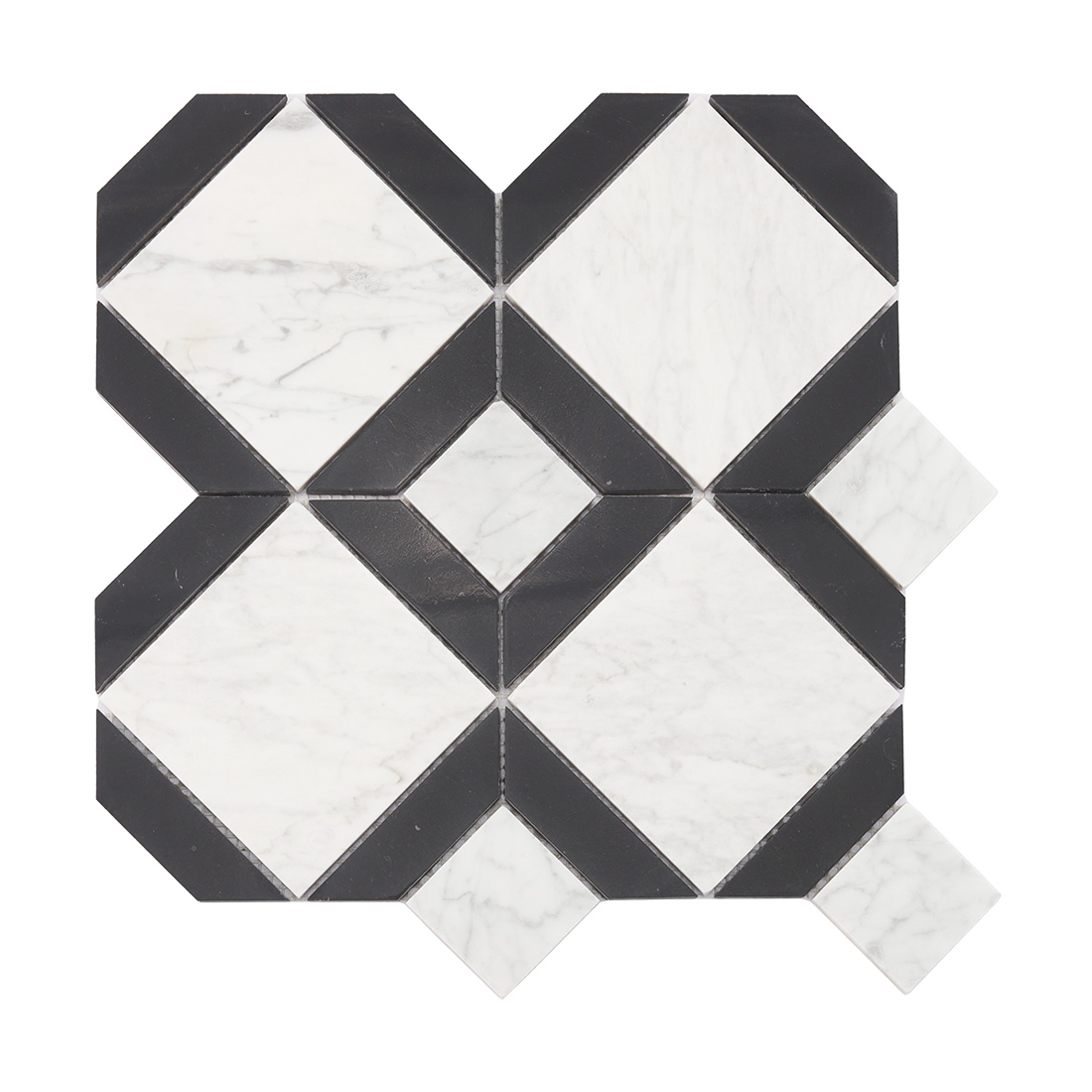 Front view of black border white marble square mosaic with geometric pattern
