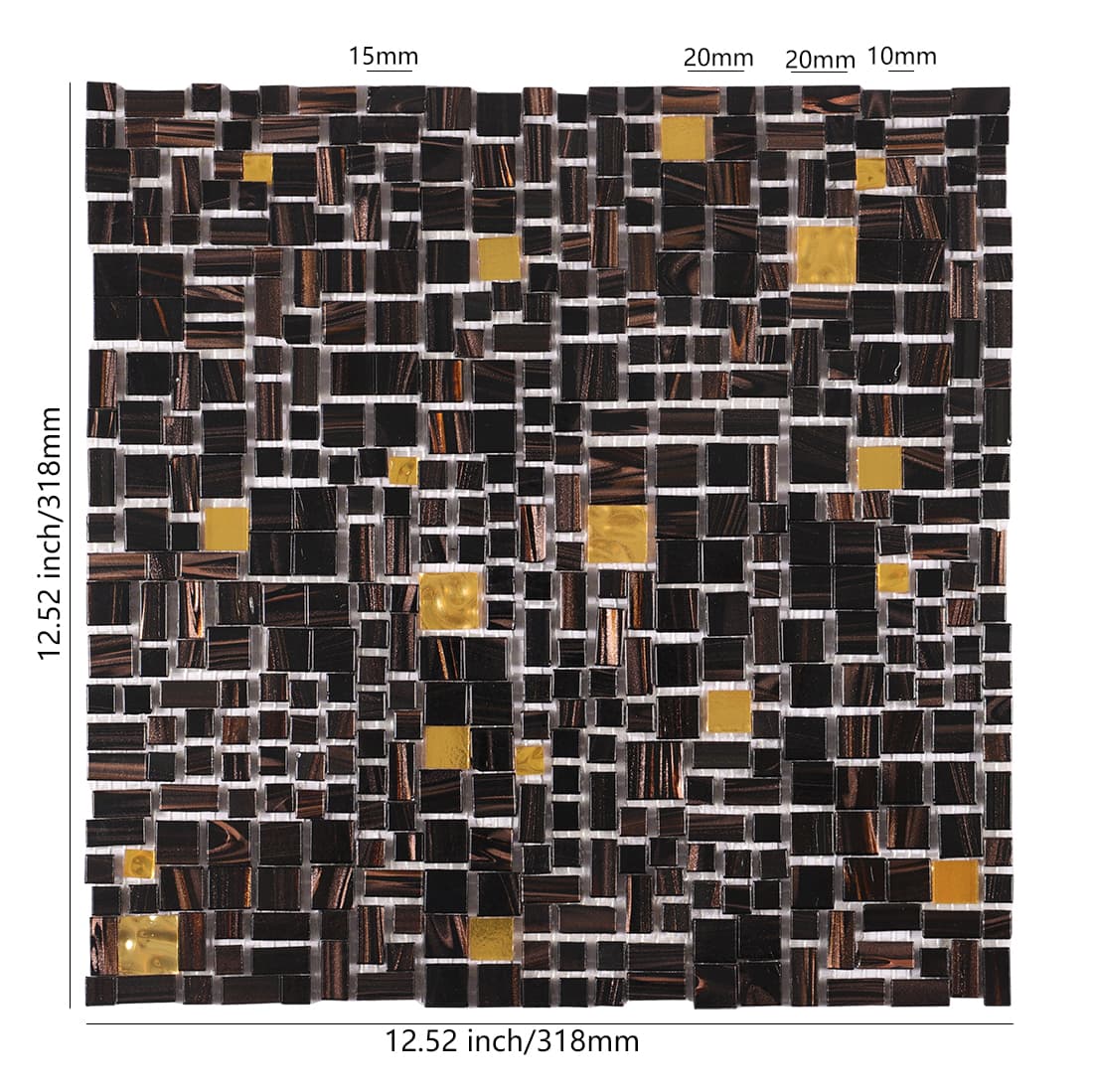 Black brown mixed glass mosaic tile sheet with gold square accents