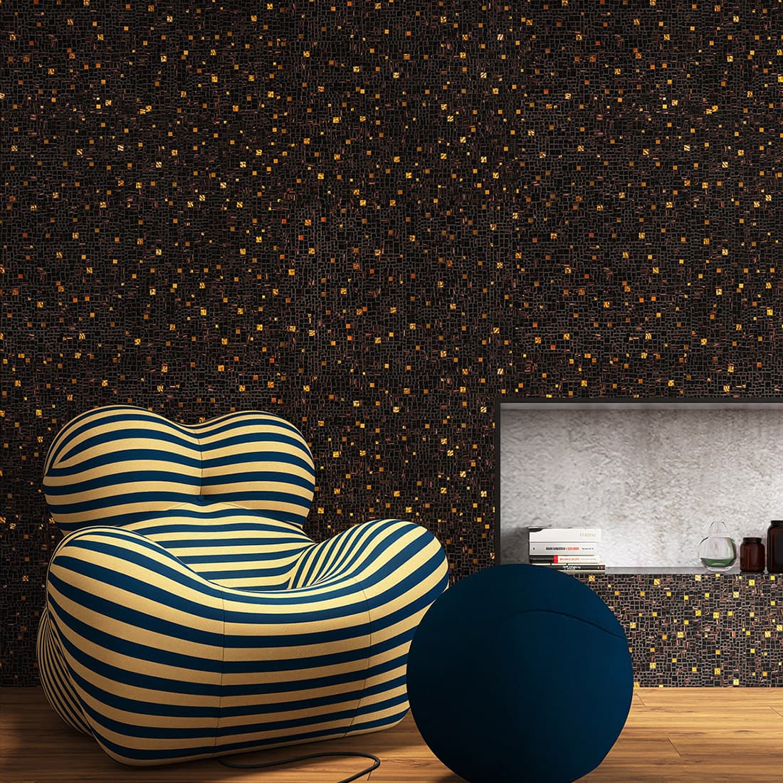 Dark mosaic feature wall with gold accents in a modern lounge setting
