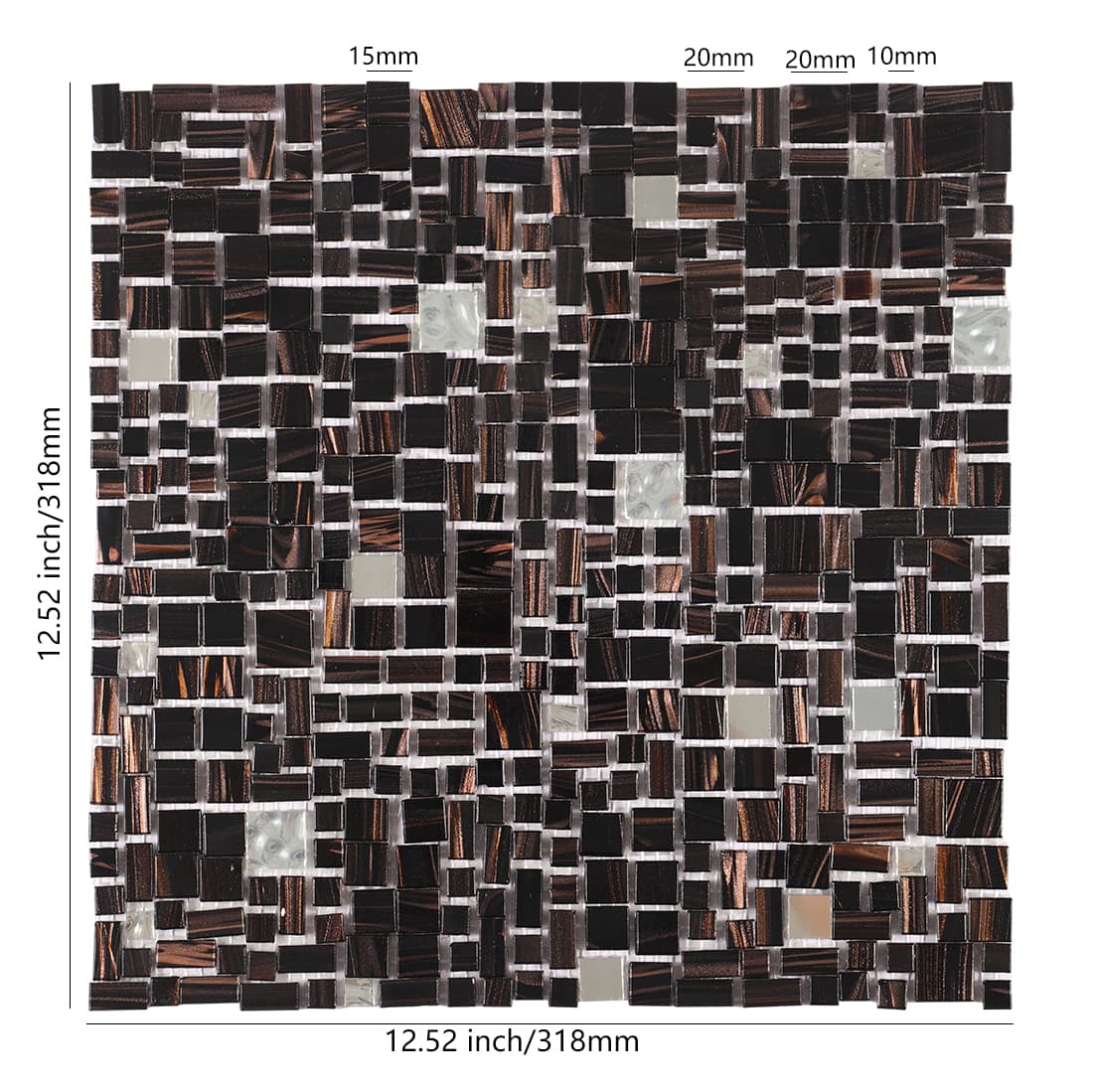 Black brown glass mosaic tile sheet with silver accent squares