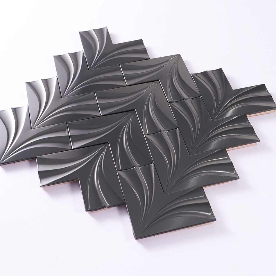 Perspective view of black chevron metal mosaic tile sheet