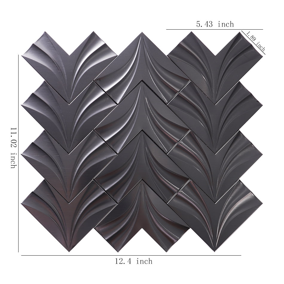 Black chevron metal mosaic tile sheet with size details