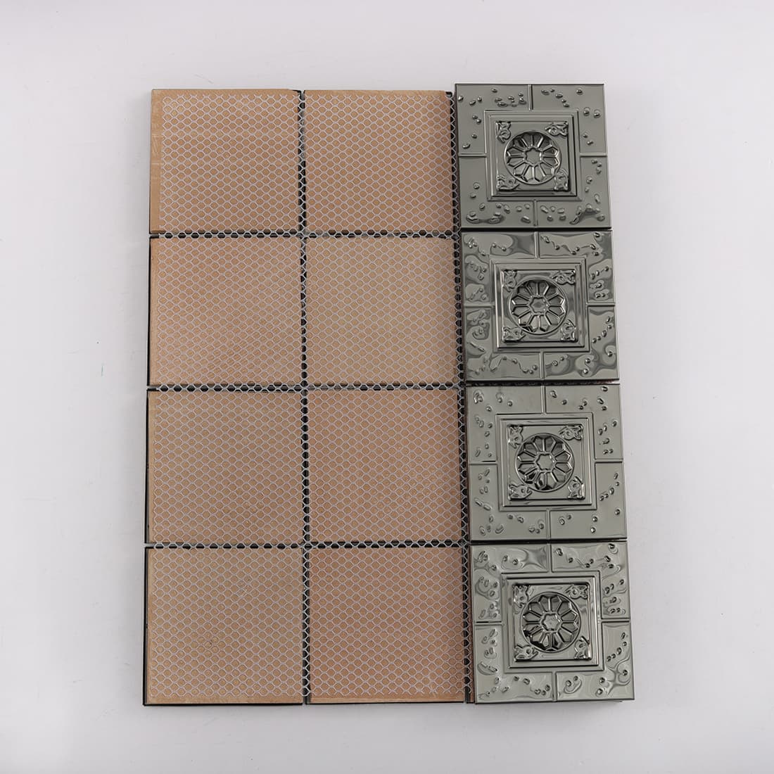 Back view of black embossed square metal mosaic tile with mesh backing