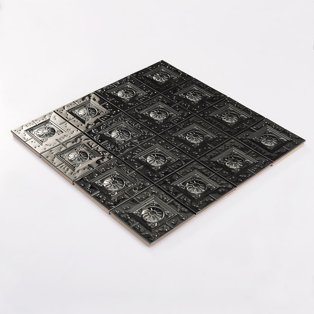 Perspective view of black embossed square metal mosaic tile sheet