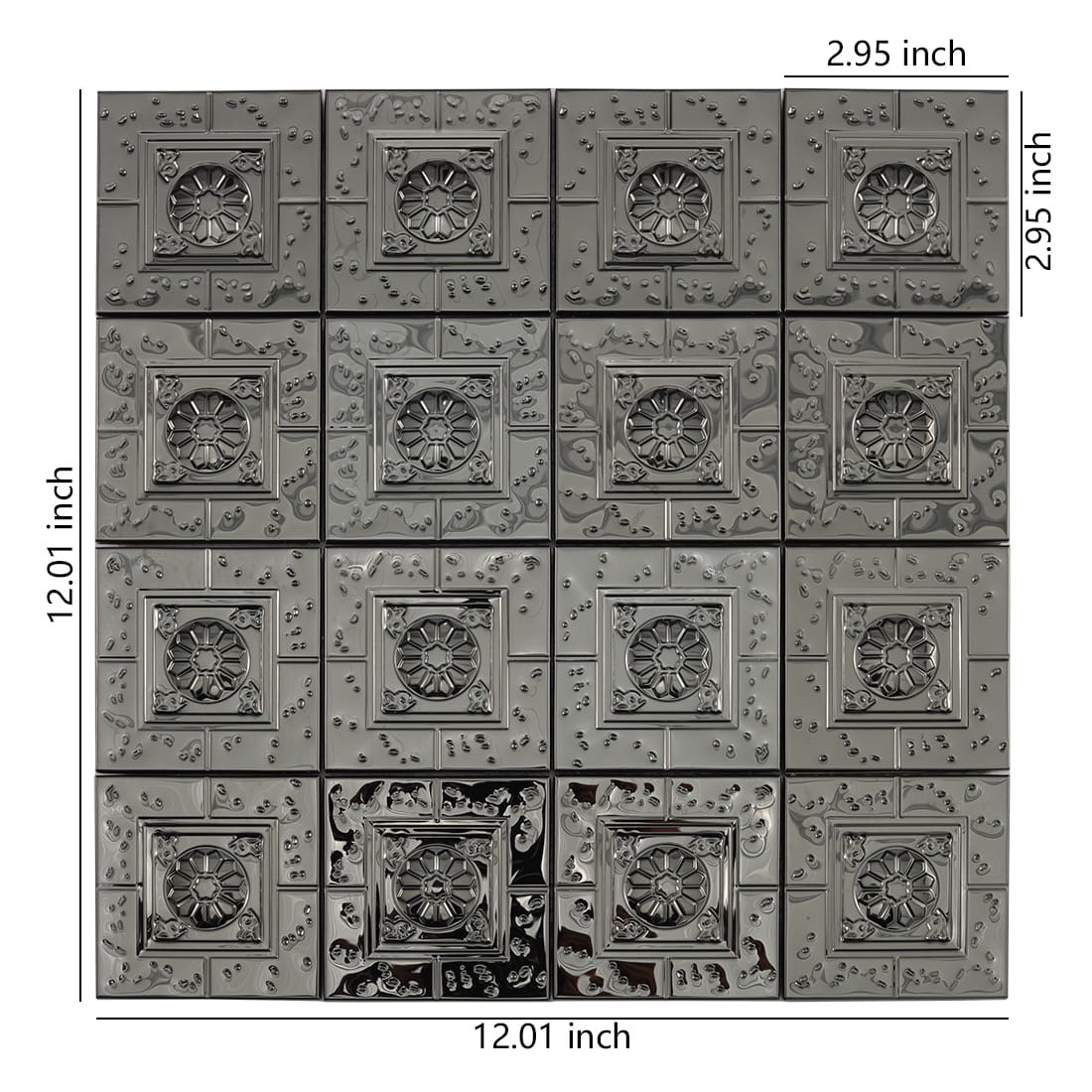 Black embossed square metal mosaic tile sheet with size details