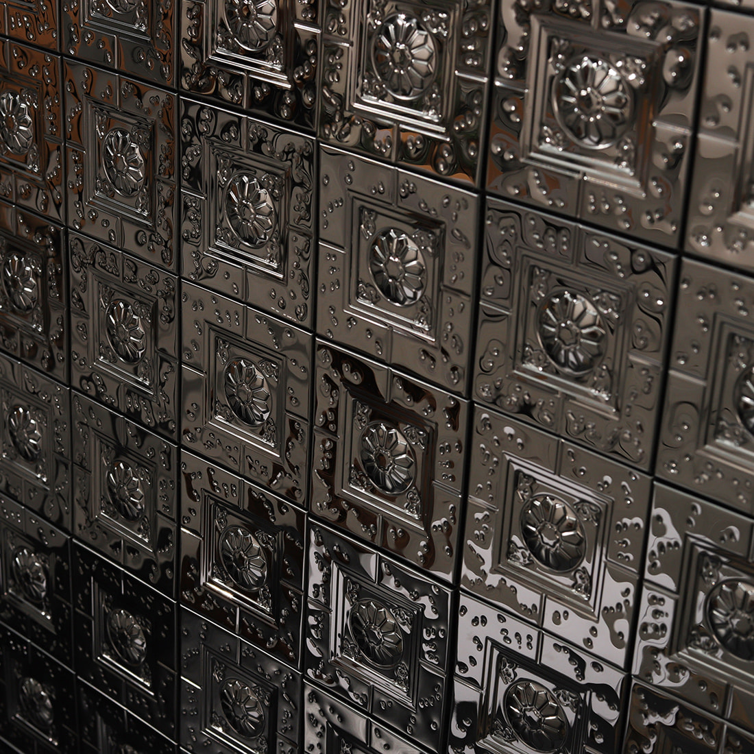 Close-up wall view of black embossed square metal mosaic tiles