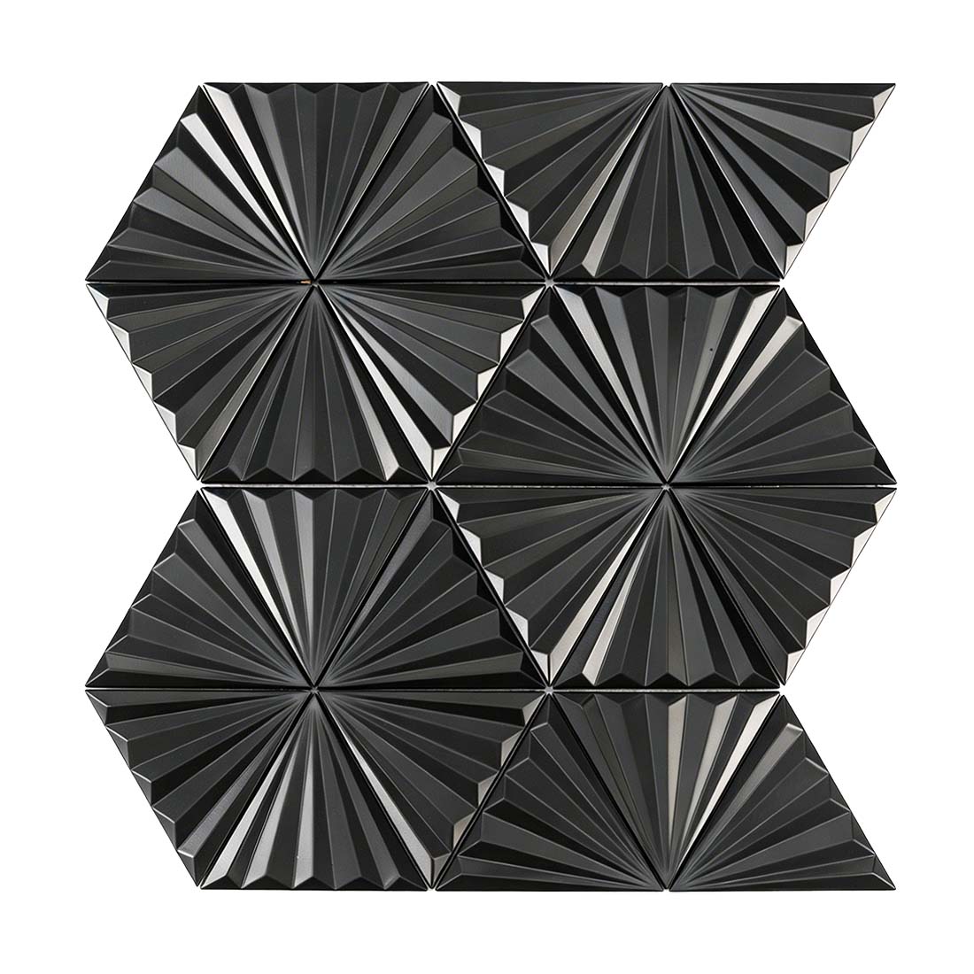 Black fan triangle metal mosaic sheet with glossy raised geometric texture