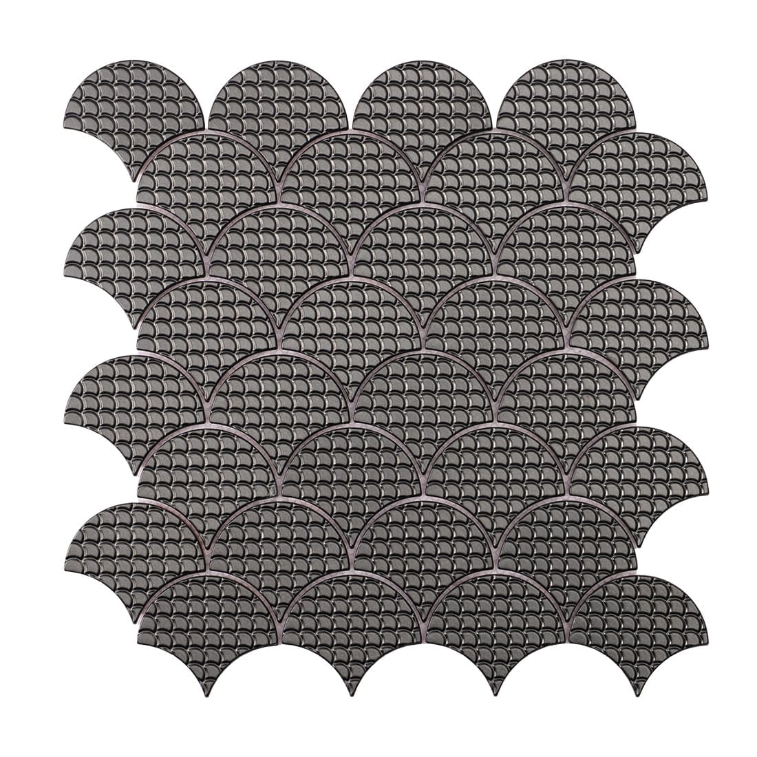 Full sheet of black fish scale metal mosaic tile with textured scale pattern