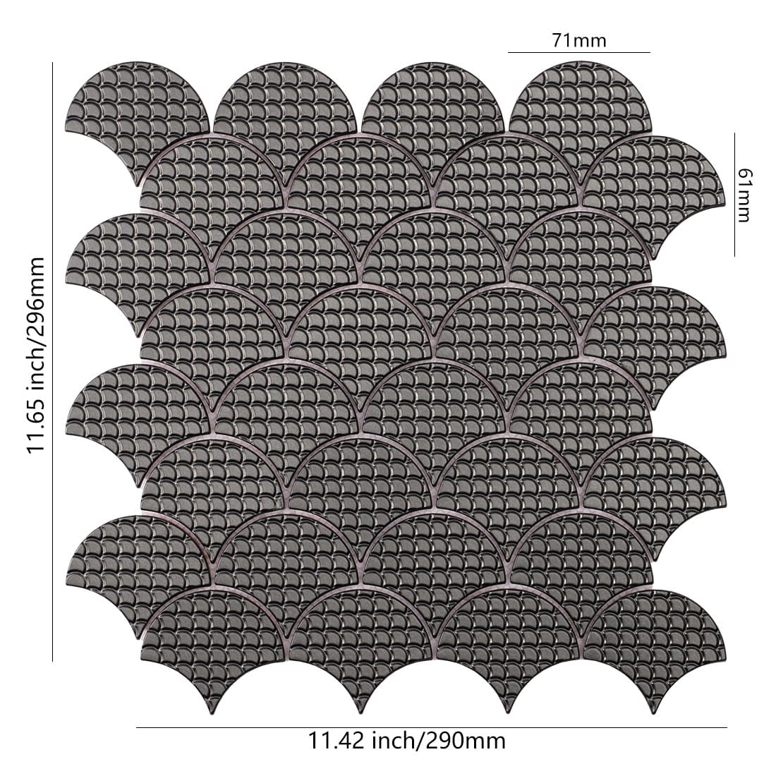 Black fish scale metal mosaic tile sheet with size details