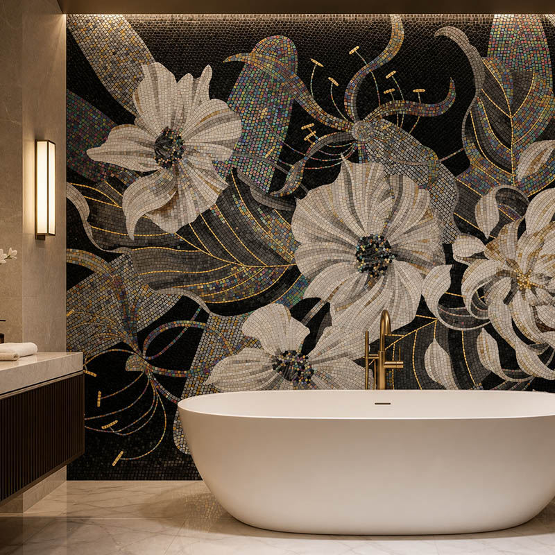 Black floral mosaic bathroom wall with white flowers behind freestanding tub