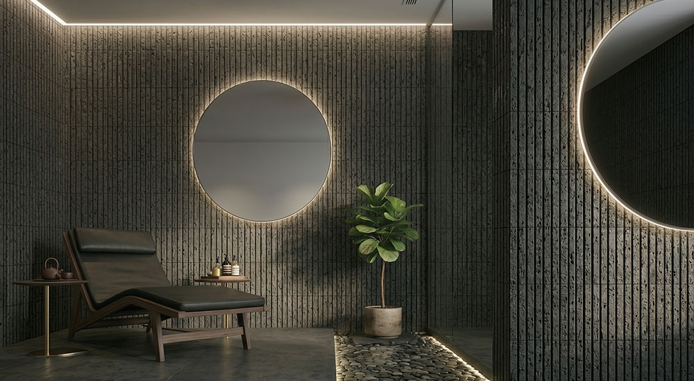 {"default":"Black fluted stone wall tiles with LED mirror in a modern bathroom spa setting"}

