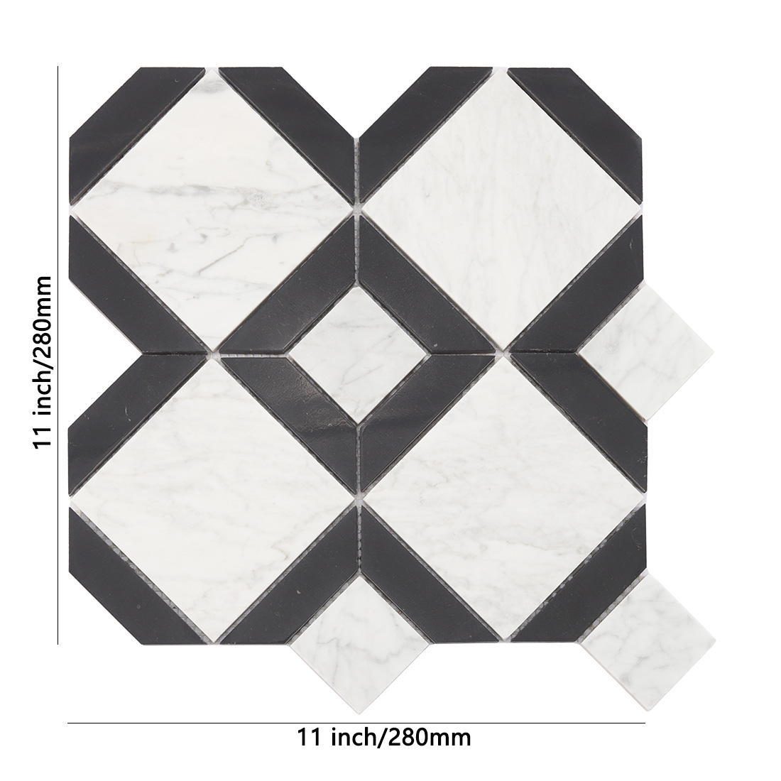 Black frame white marble geometric tile with diamond layout and size details
