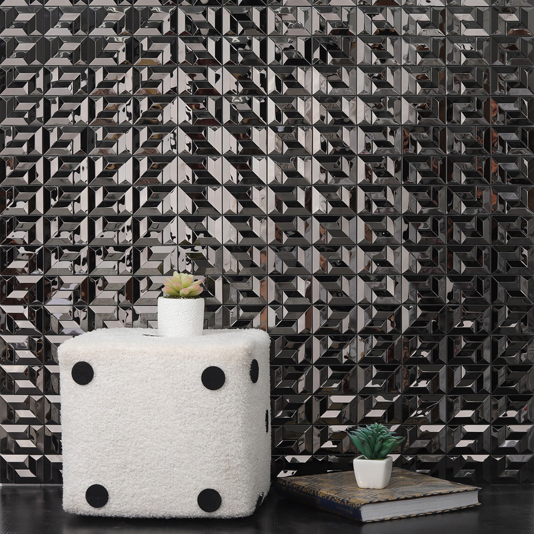 Black geometric 3D metal mosaic tile wall with decor scene