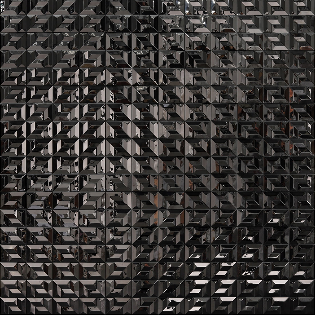 Full wall view of black geometric 3D metal mosaic tiles