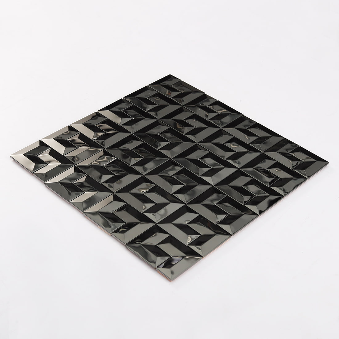 Perspective view of black geometric 3D metal mosaic tile sheet