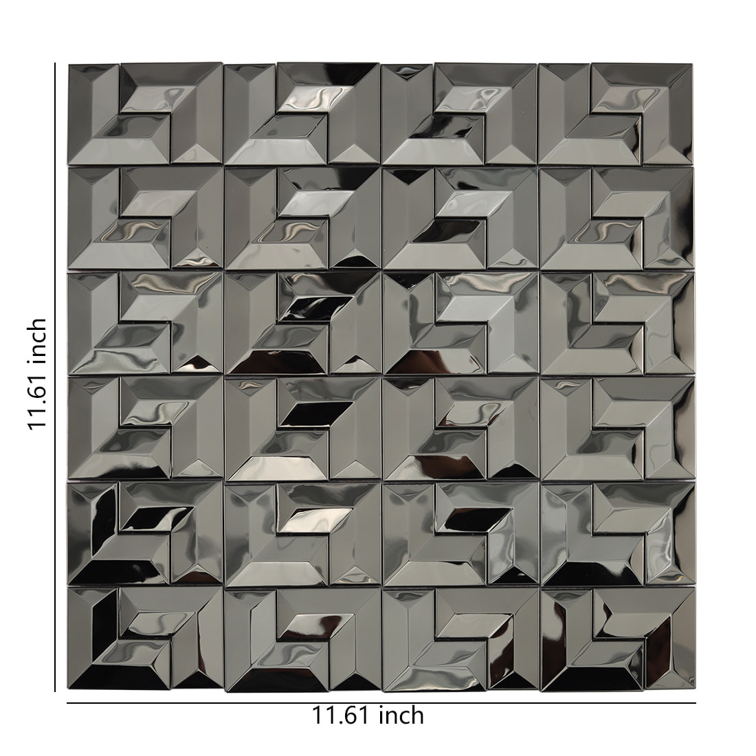 Black geometric 3D metal mosaic tile sheet with size details