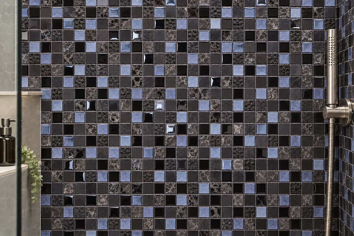Black glass mosaic shower wall with blue accent and textured square tiles