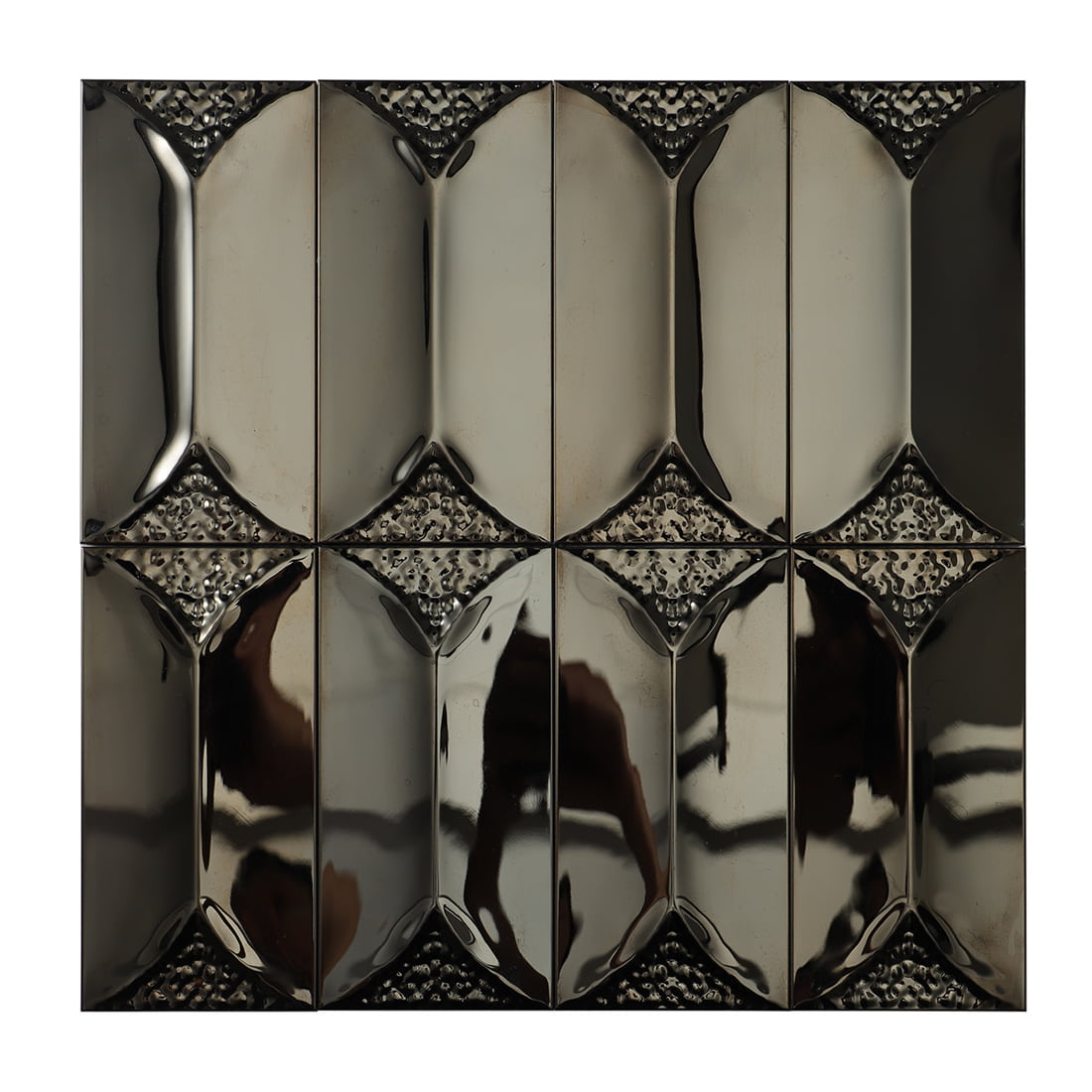 Full sheet of glossy black 3D picket-style metal mosaic tiles.