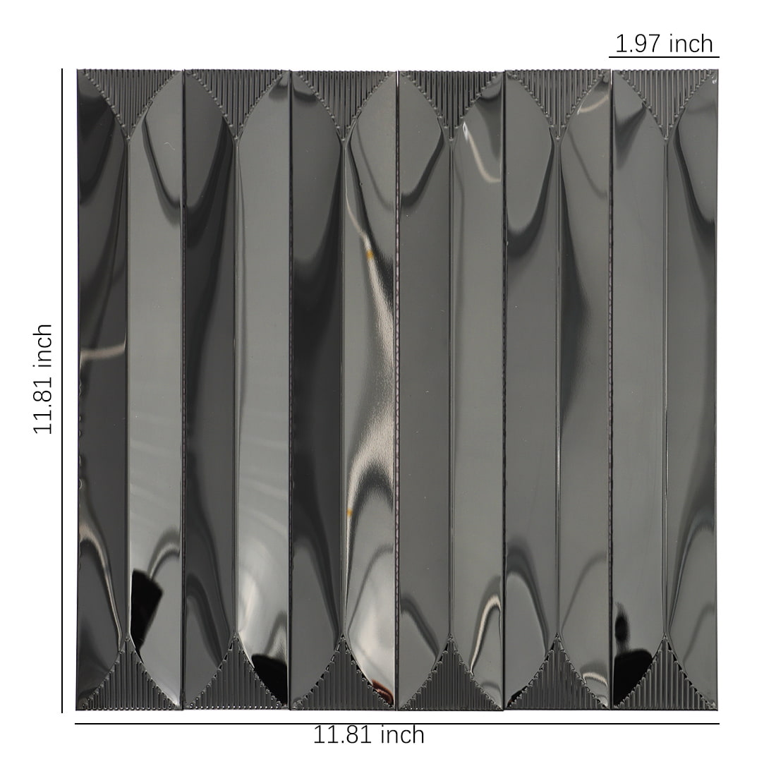 Black glossy elongated metal mosaic tile sheet with dimensions