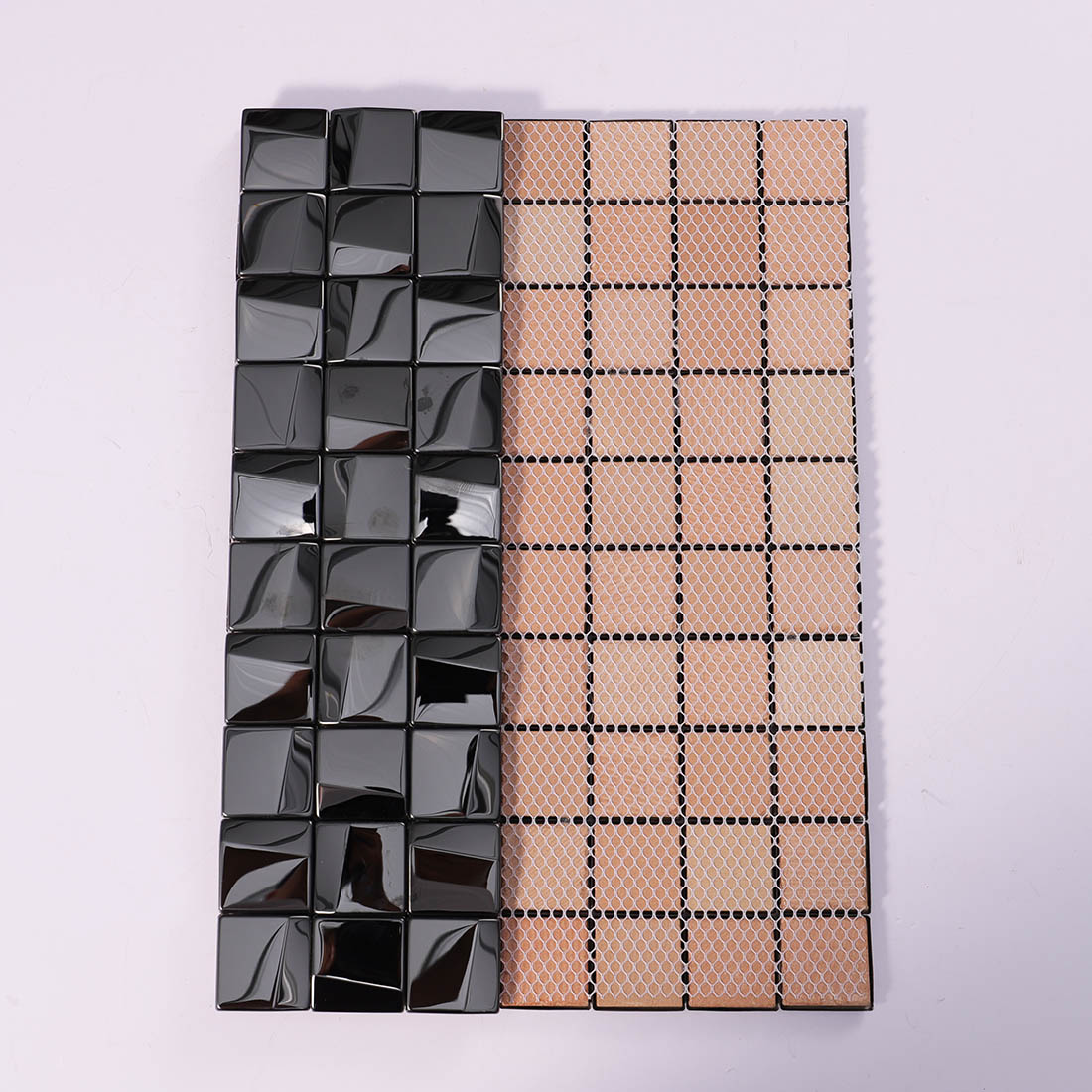 Black glossy square stainless steel mosaic tile sheet with mesh backing