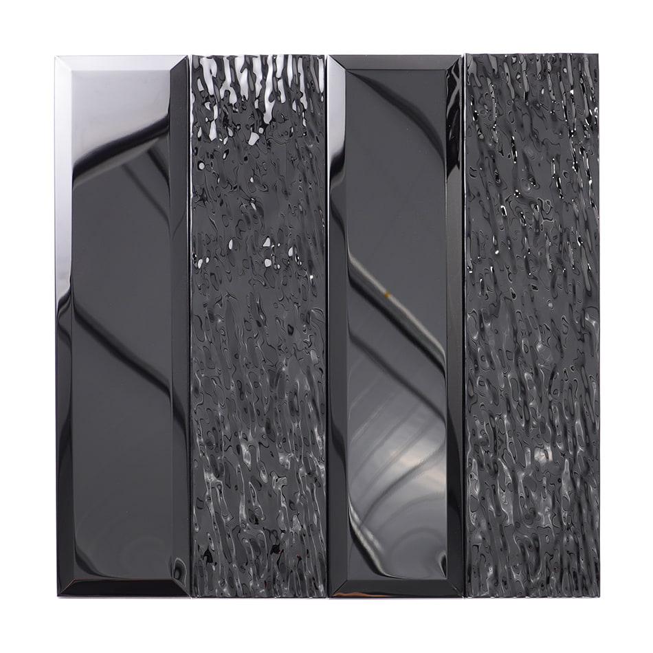 Full sheet of black glossy and textured metal mosaic wall tile