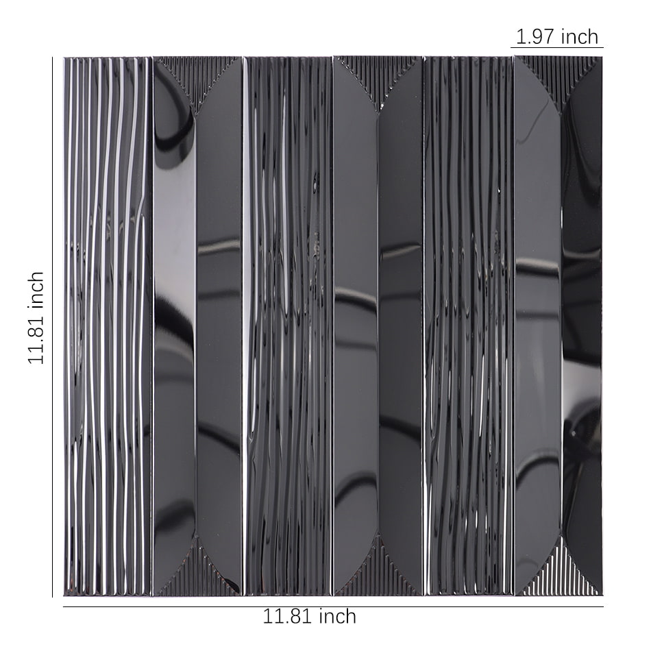 Black glossy textured rectangular metal mosaic tile sheet with dimensions