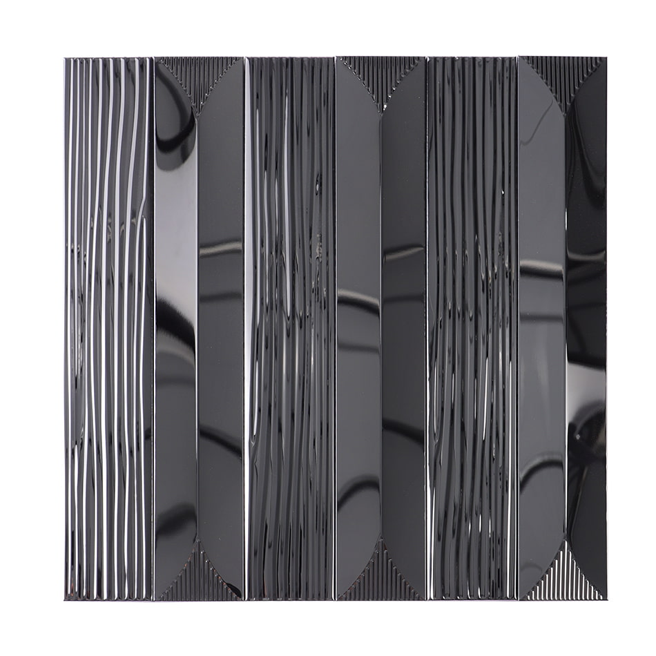 Full sheet of black glossy textured rectangular metal mosaic tile