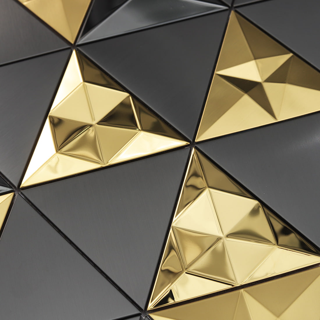 Black and gold 3D metal triangle tile with raised geometric texture