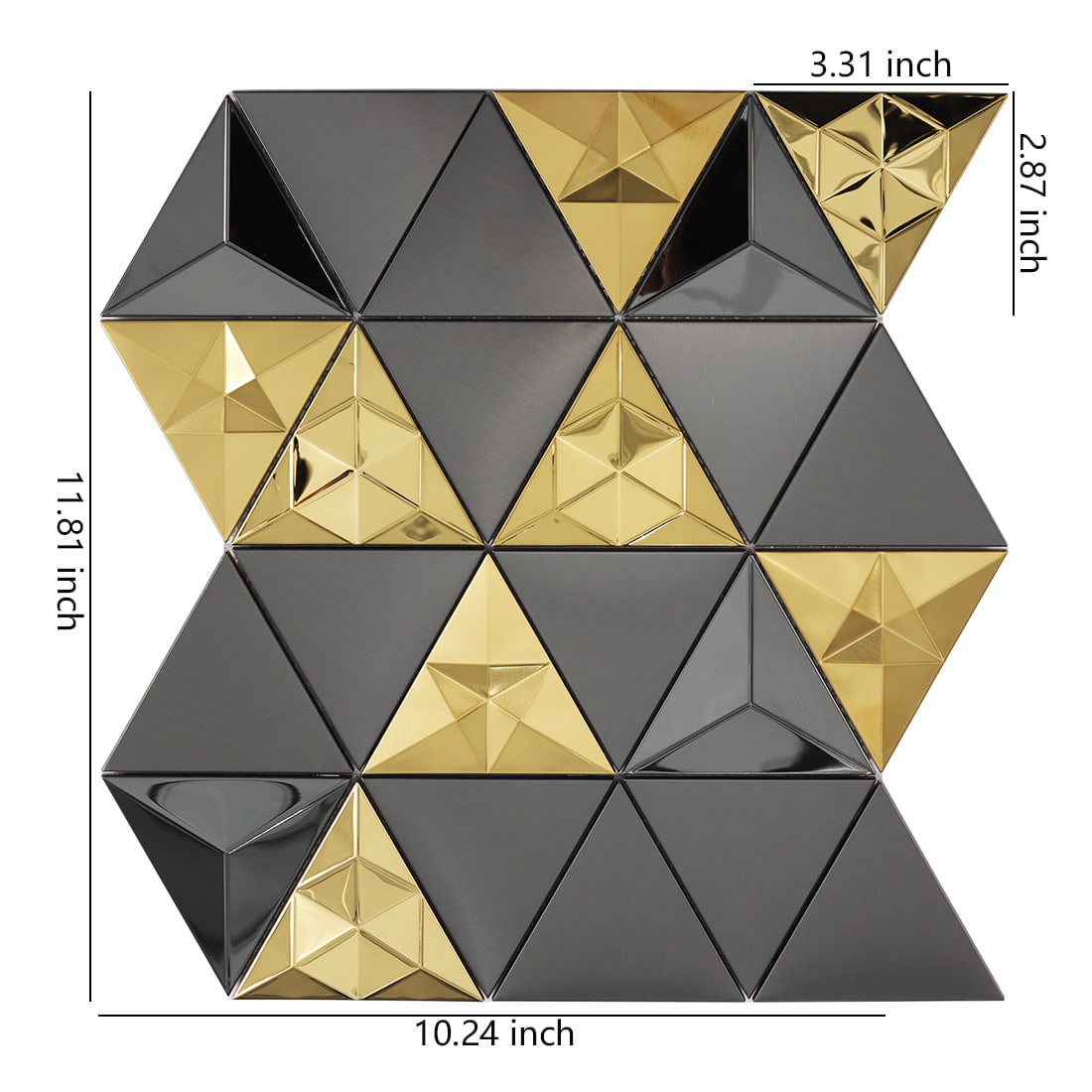 Black and gold 3D triangle metal mosaic tile sheet with size details