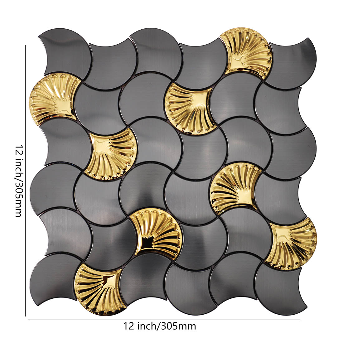 Dimensions of black and gold fish scale metallic mosaic tile