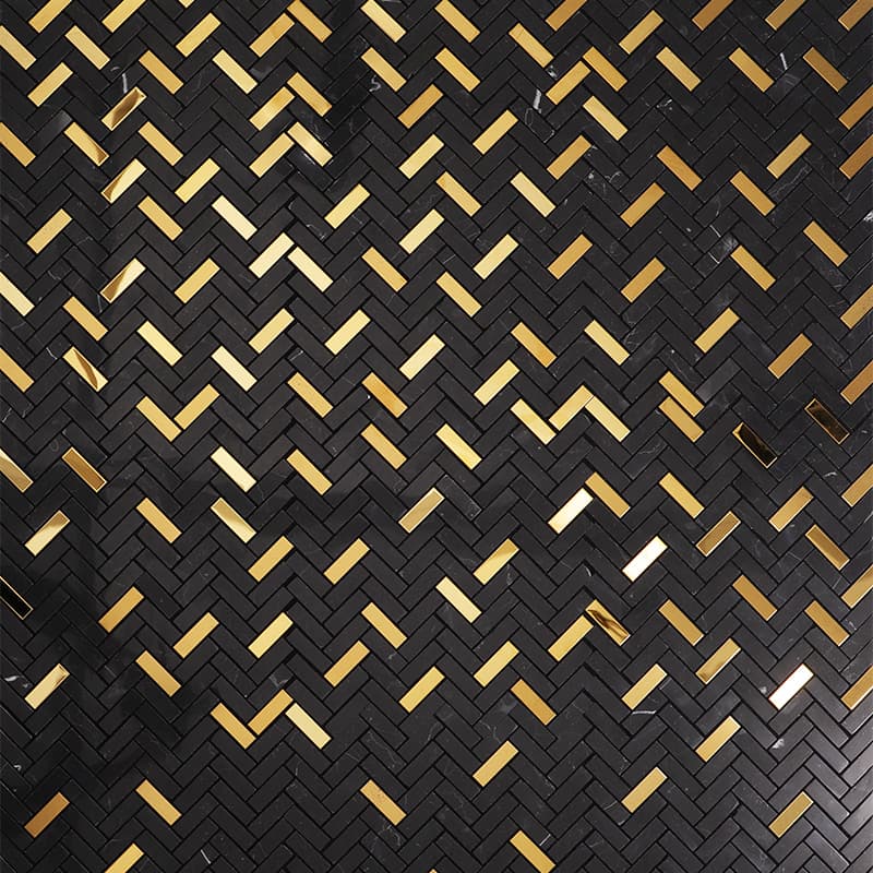 Black and gold herringbone mosaic tile pattern, close-up