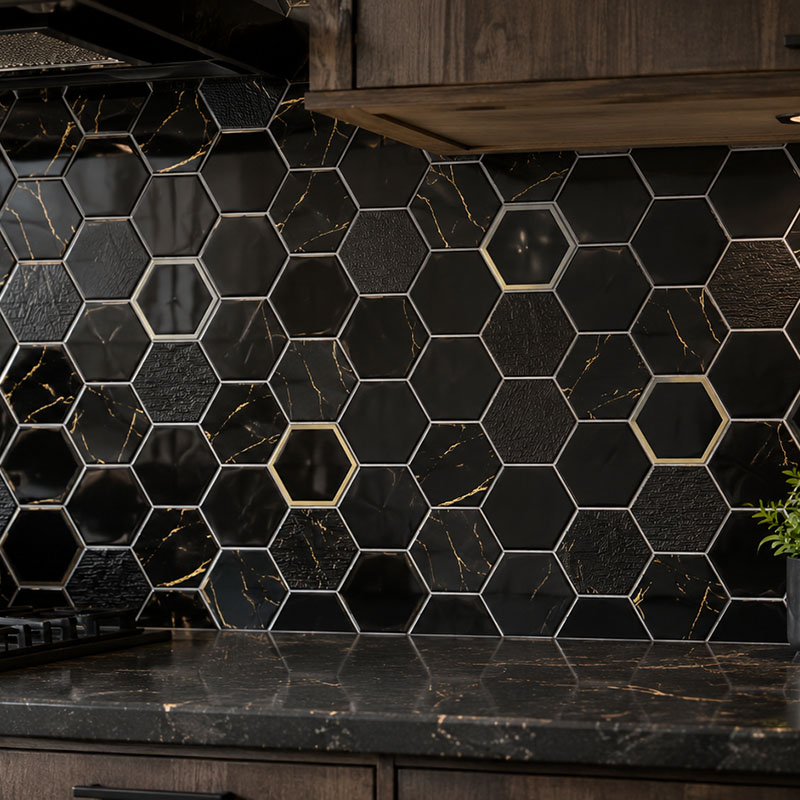 Dark hexagon kitchen tile backsplash with black marble and gold veining.