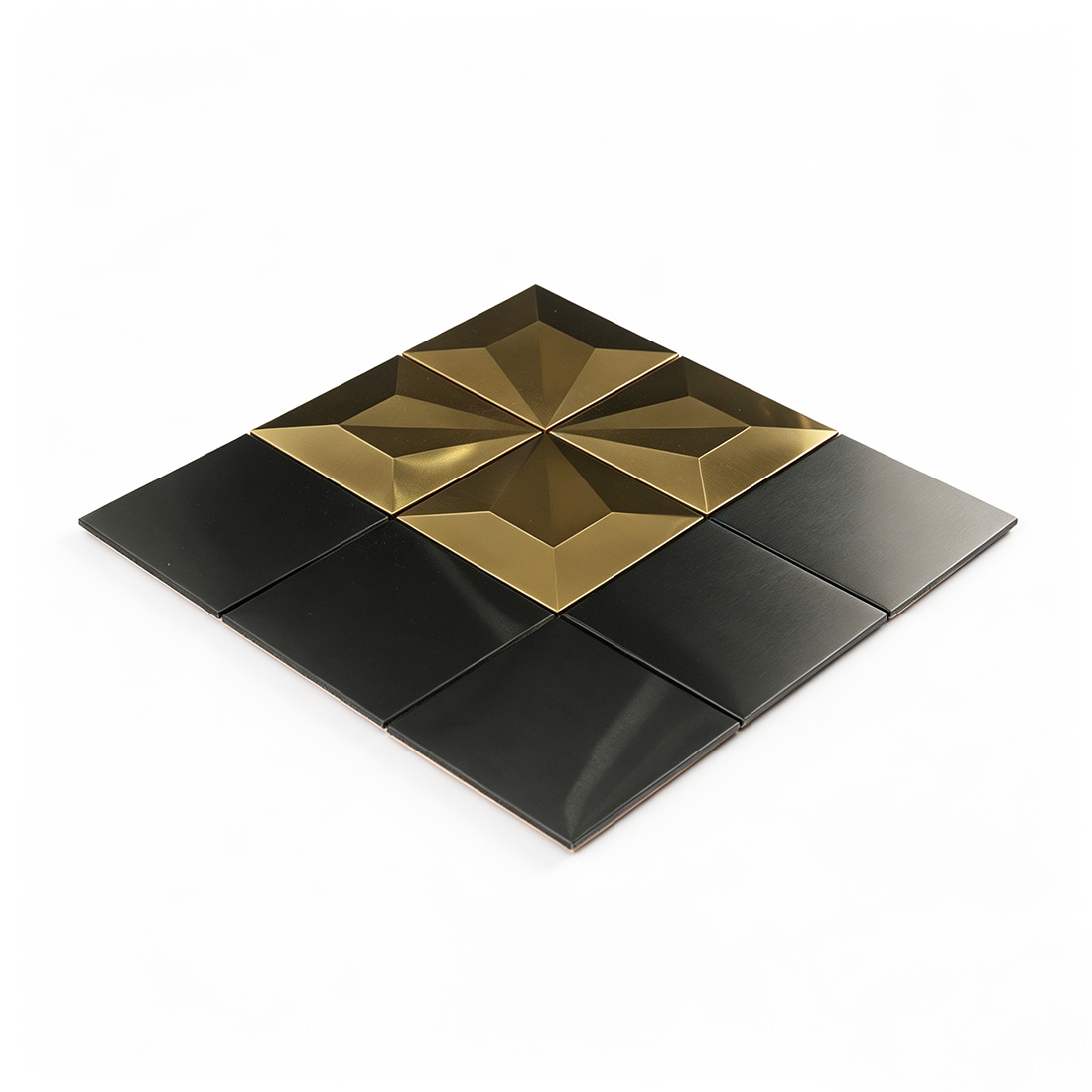 Angled sheet view of black and gold pyramid square stainless steel mosaic