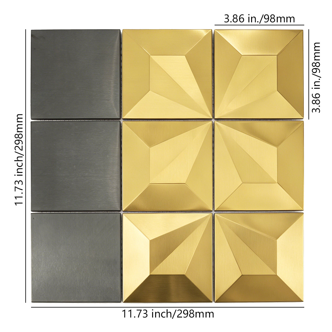 Black and gold square stainless steel mosaic with 98mm chips and 298mm sheet
