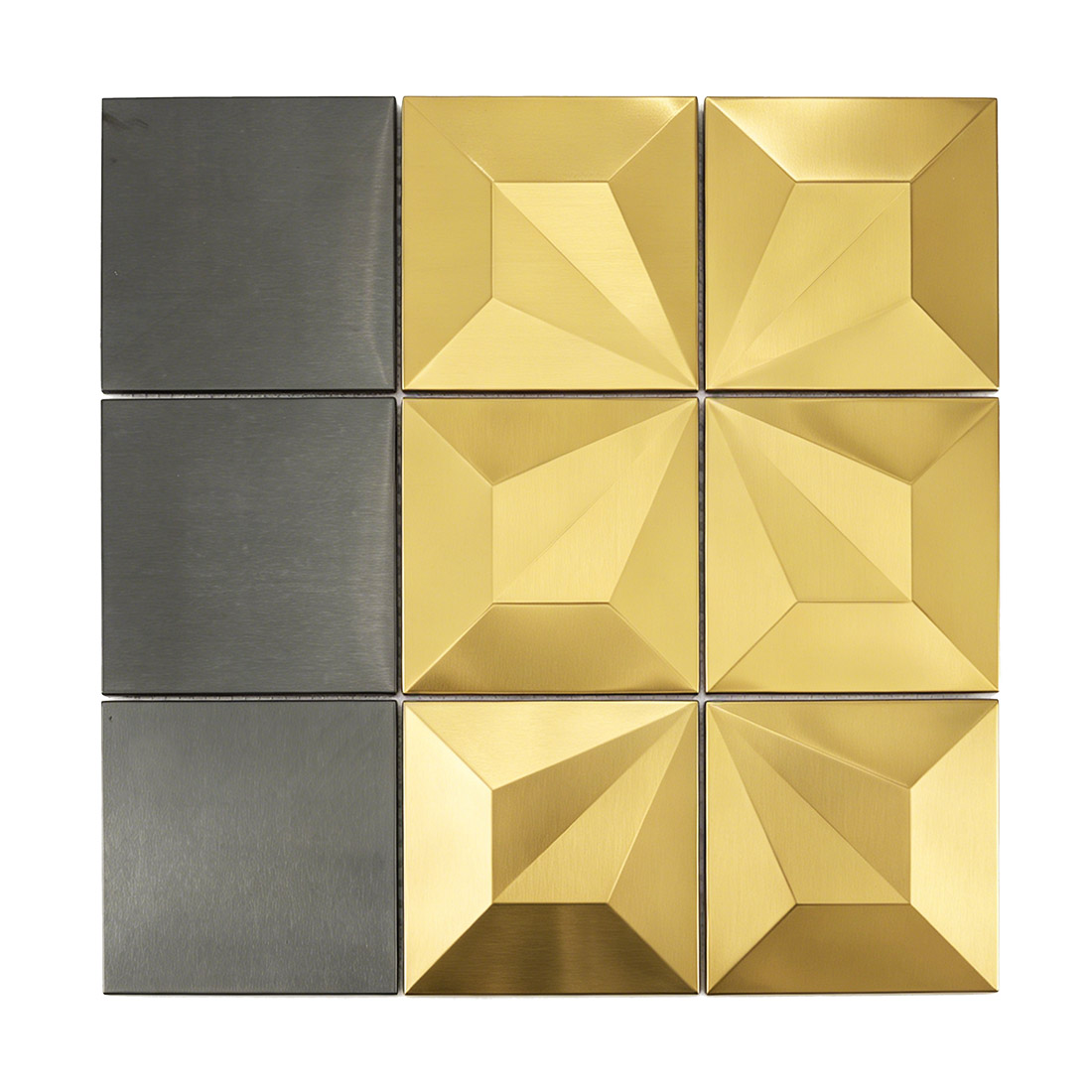 Black and gold stainless steel square mosaic with raised pyramid center tiles