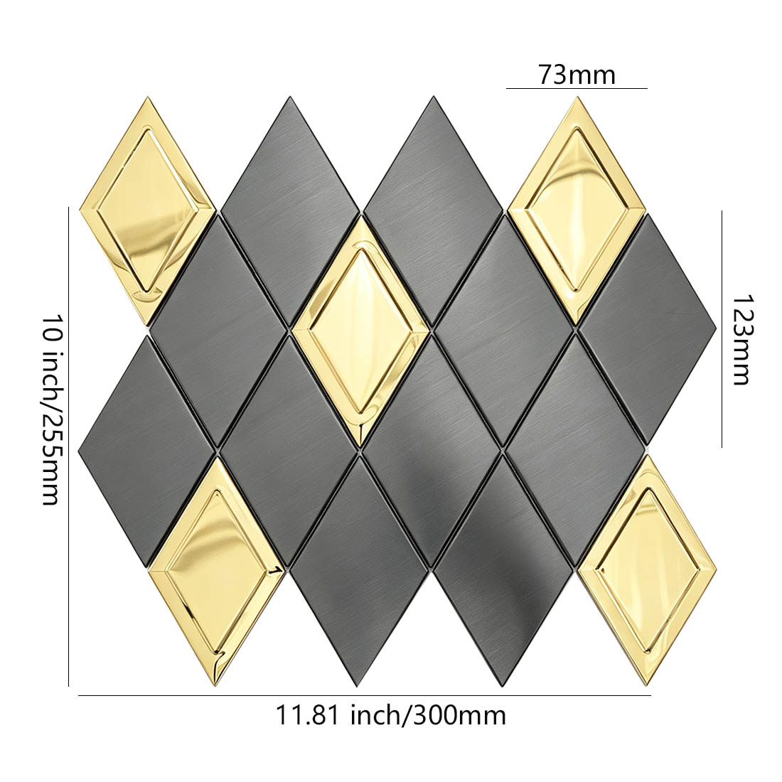 Black and gold rhombus metal mosaic tile with sheet and chip dimensions