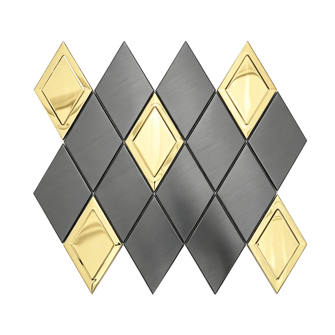 Black brushed and gold embossed rhombus metal mosaic tile sheet