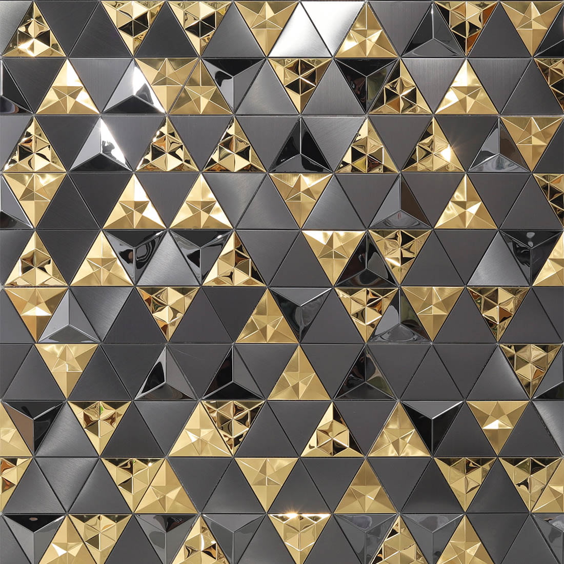 Black and gold triangle metal mosaic wall with luxury metallic finish