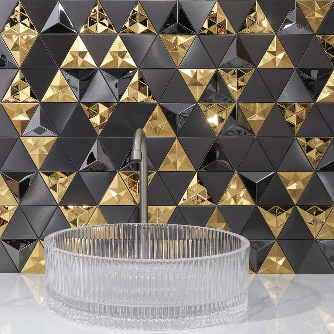 Black and gold triangle metal mosaic vanity wall with 3D reflective finish