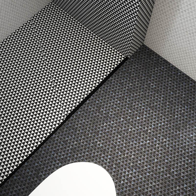 Black and gray triangle checkerboard mosaic tile sheets with layered display